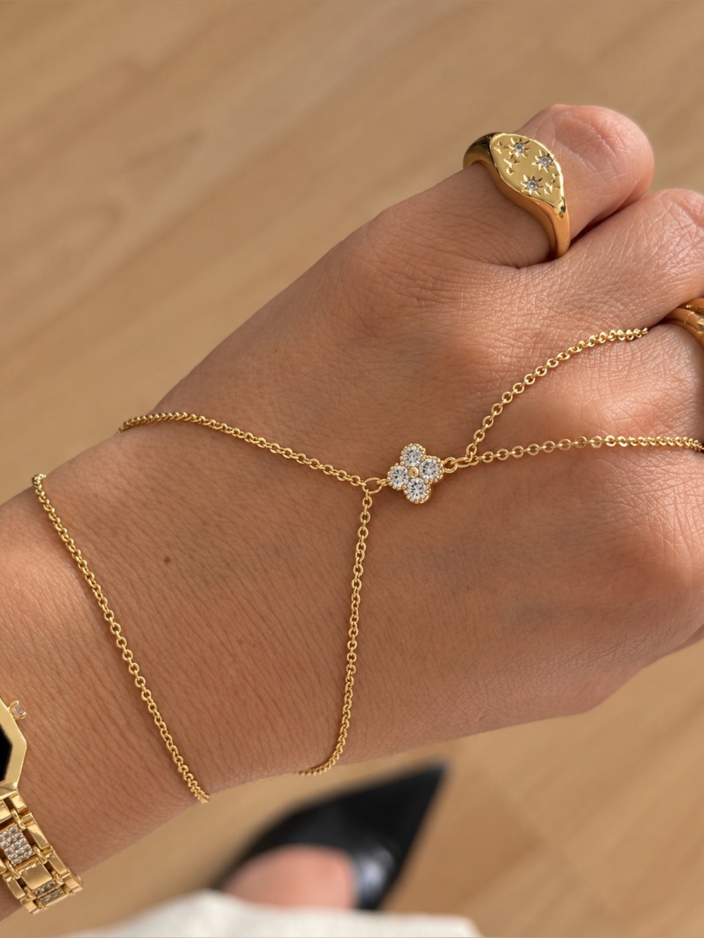14K Gold Plated Rhodium Clover Hand Chain, CZ Flower Slave Bracelet Adjustable